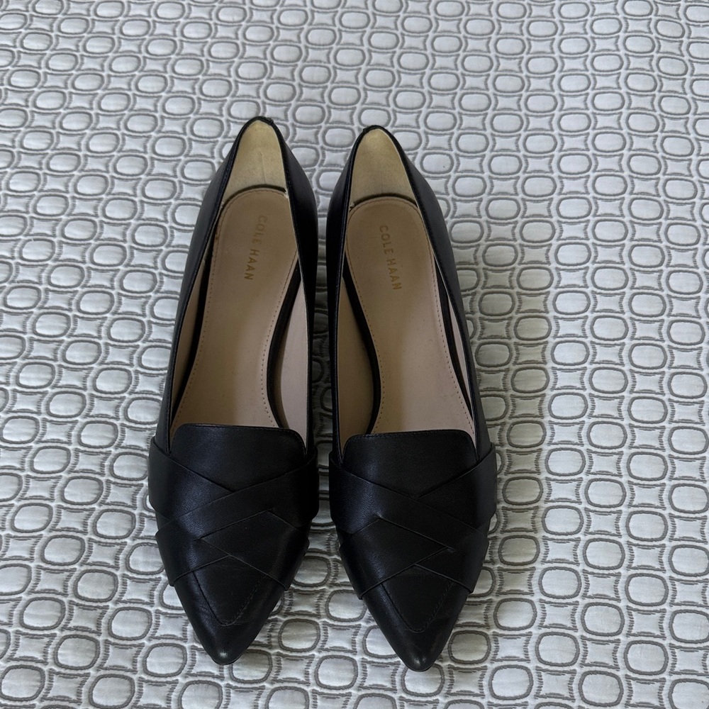 Cole Haan Black Pointed Leather Weave Flats